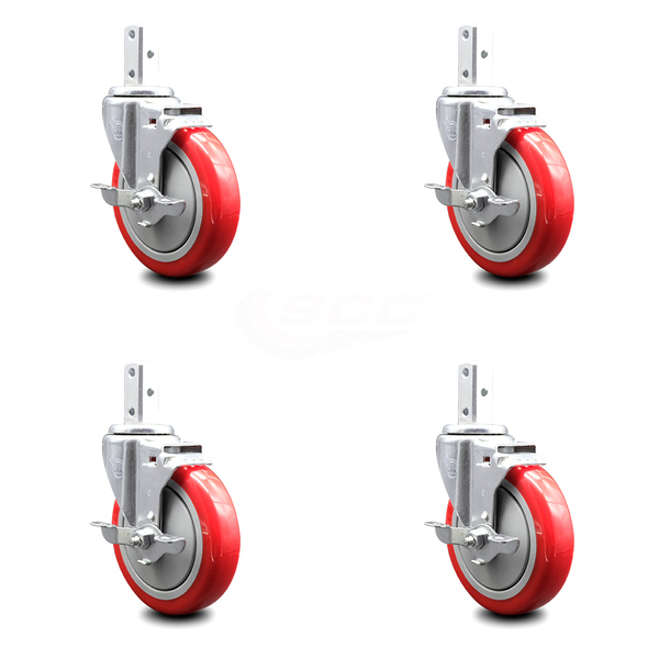 Service Caster 5 Inch Red Poly Wheel Swivel 3/4 Inch Square Stem Caster Set with Brake SCC SCC-SQ20S514-PPUB-RED-TLB-34-4